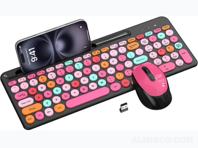 Accessory Retro Colorful Wireless Keyboard Mouse Combo with Phone Holder
